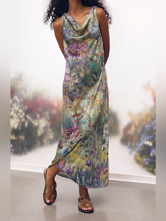 Simons Dresses & Skirts - SIMONS CONTEMPORAINE Impressionist Garden Satiny Cowl Neck Dress trib to Monet